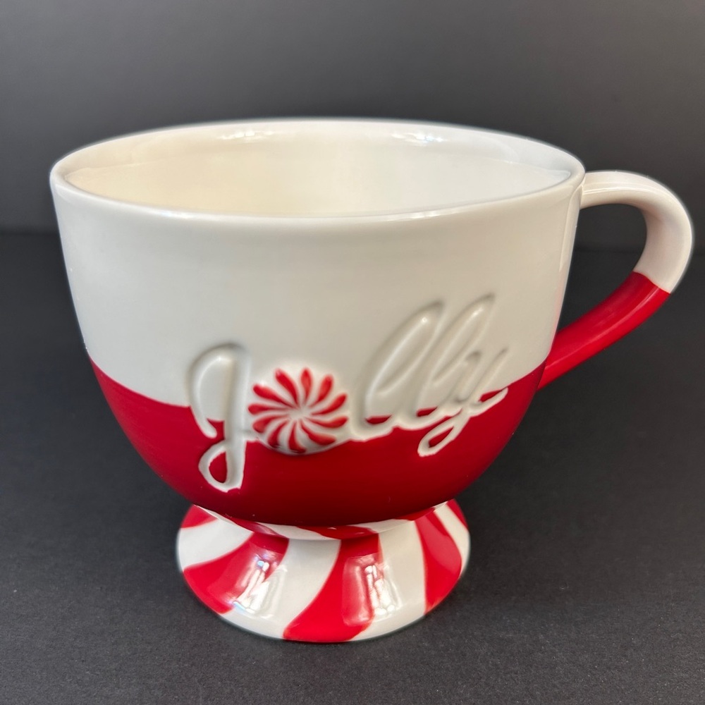 Starbucks 2007 Holiday "Jolly" Mug Vintage R/W Peppermint Pedestal Cup 14oz
